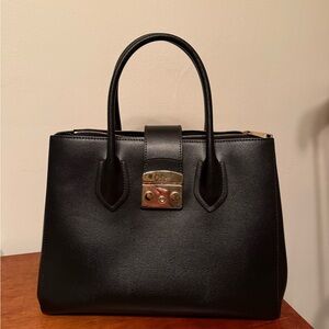 Furla Black Leather Tote with Gold Lock